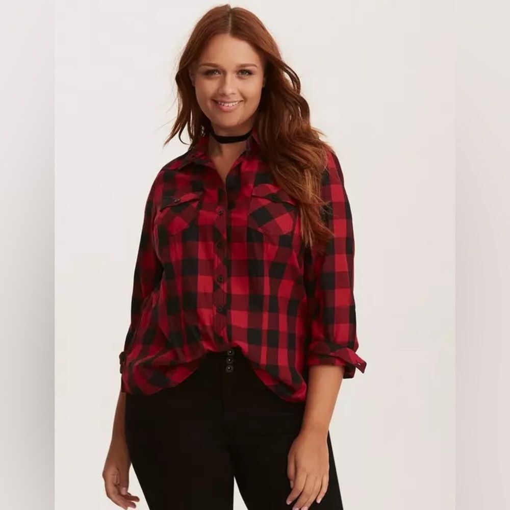 Torrid Plaid Twill Camp Shirt Buffalo Check Button Up Red Black 0x